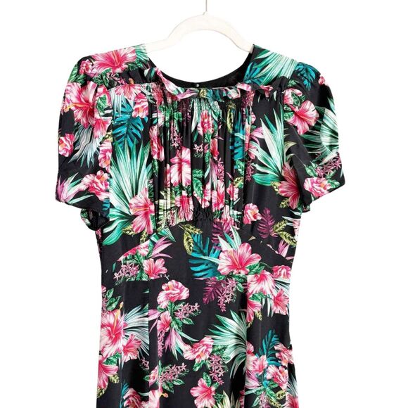 Les Reveries Hibiscus Midi Dress 2 Black Pink NEW - Picture 7 of 10